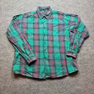Stats Flannel Shirt Mens L Green Long Sleeve Button Down Casual Retro Work Plaid